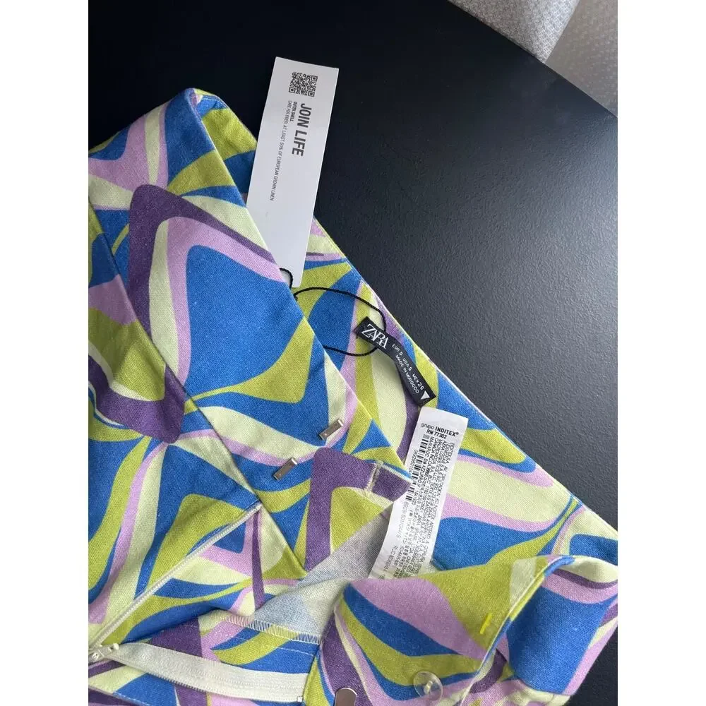 NWT Zara Linen Blend Flared High Rise Pants Multicolor Geometric Print Sz S #754